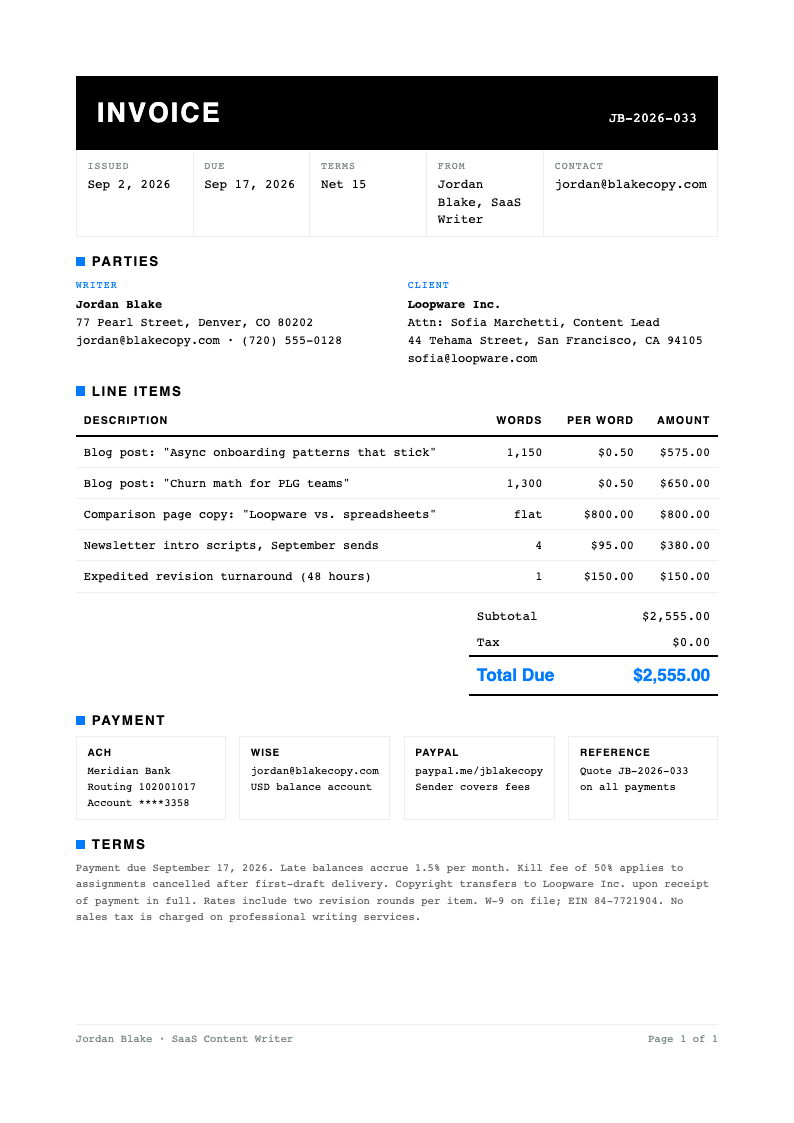 Minimal clean freelance writer invoice